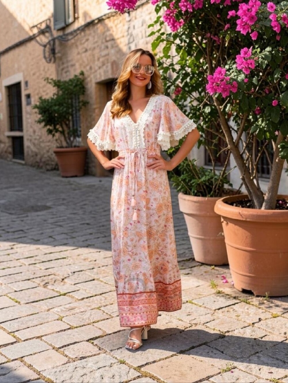 Anany Boho Hippie Floral Pom Pom V-neck Bell Sleeve Maxi Dress. Size Large